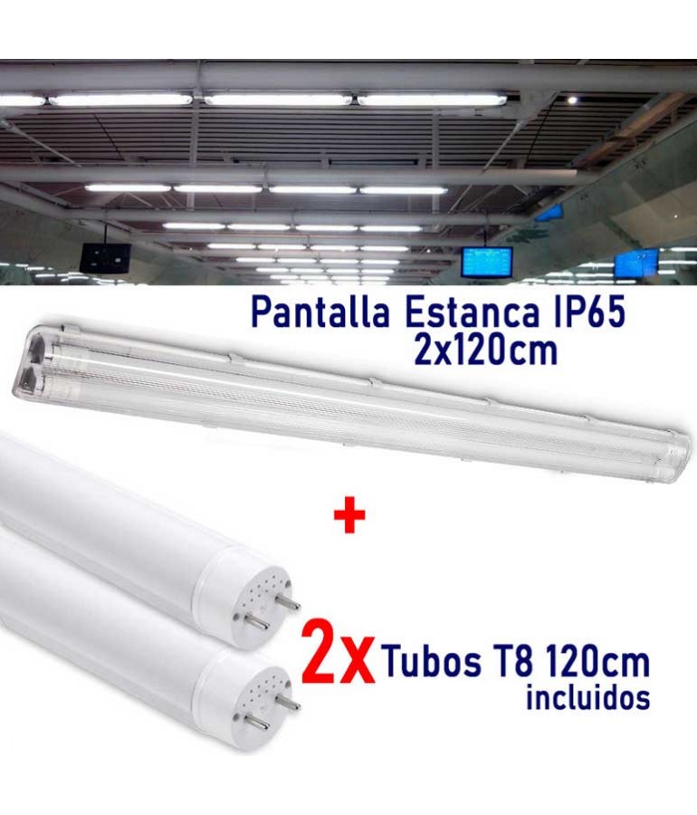 PACK PANTALLA ESTANCA 2x120cm +2 TUBOS LED 120 cm
