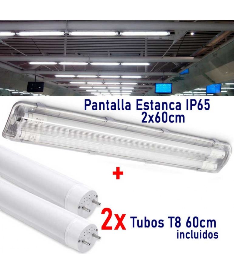 PACK PANTALLA ESTANCA 2x60cm IP65 +2 TUBOS LED 60 cm