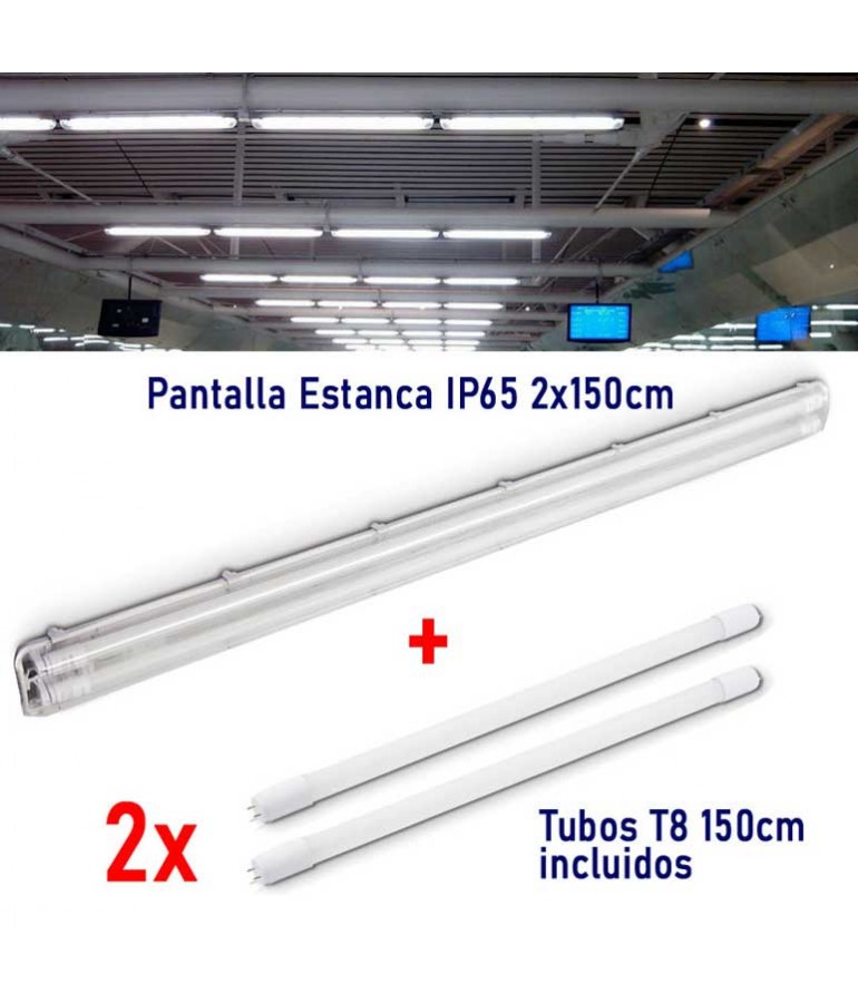 PACK PANTALLA ESTANCA 2x150cm IP65 +2 TUBOS LED 150 cm