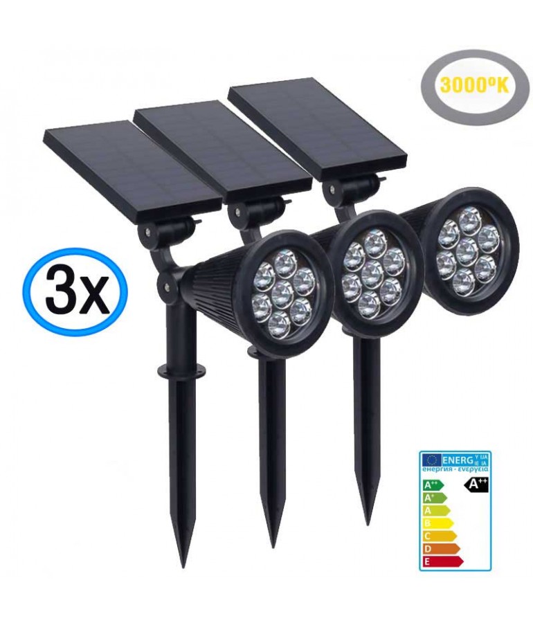 PACK 3 Focos pinchos Solar LED 3x1,5W IP65 3000K