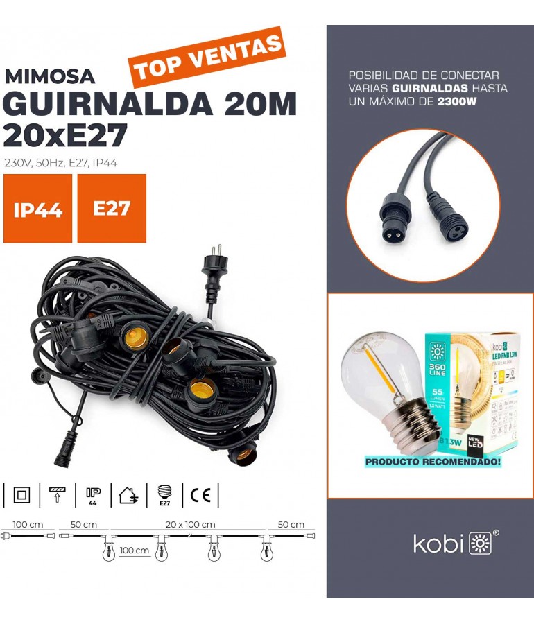 Guirnalda Exterior 20 metros 20 Portalámparas E27