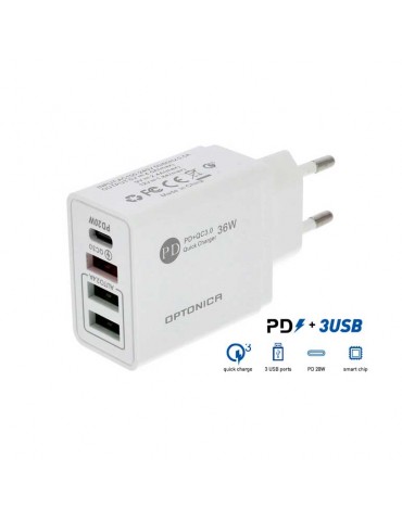 CARGADOR RAPIDO PD 3x USB-A QC 3.0 Blanco - 1