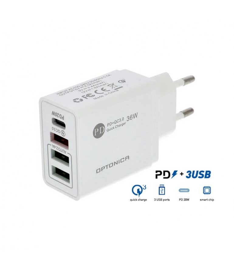 CARGADOR RAPIDO PD 3x USB-A QC 3.0 Blanco - 1