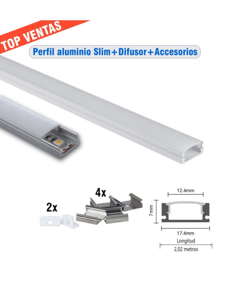Perfil para tira LED de aluminio de 2000 mm de longitud