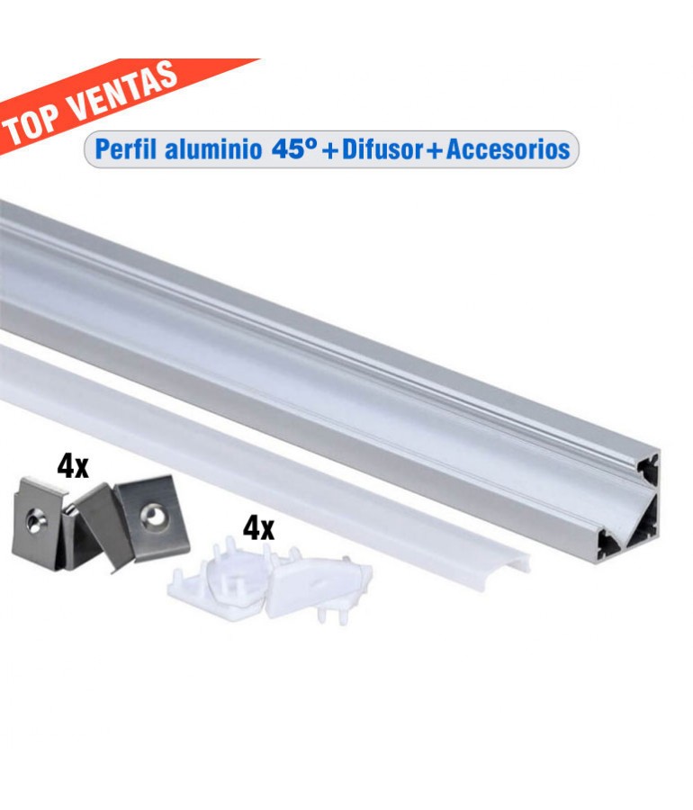 Perfil Aluminio ANGULO 45 superficie completo accesorios - 1