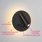Aplique pared Lectura 8W negro interruptor y 2 USB - 3