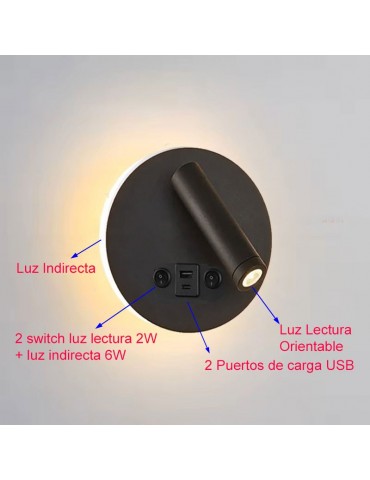 Aplique pared Lectura 8W negro interruptor y 2 USB - 3