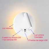 Aplique pared Lectura 8W blanco interruptor y 2 USB - 3