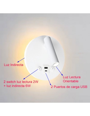 Aplique pared Lectura 8W blanco interruptor y 2 USB - 3