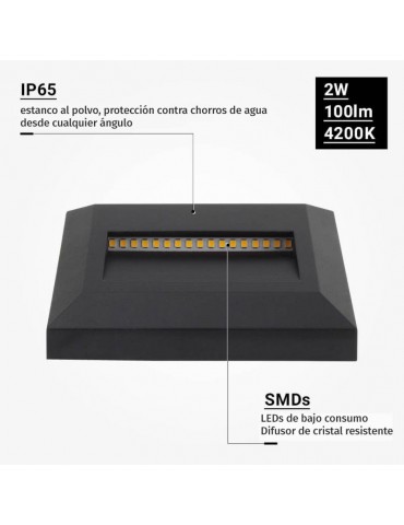 Aplique Escalera LED Cuadrado 2W negro luz neutra IP65 - 3