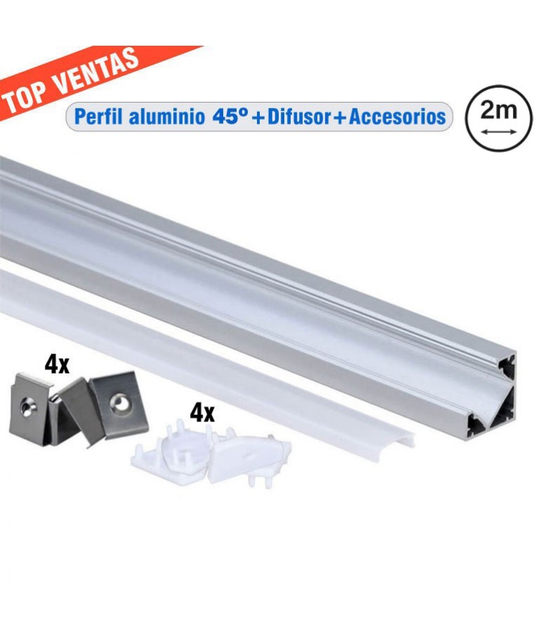 Perfil Aluminio ANGULO 45 superficie completo accesorios - 1