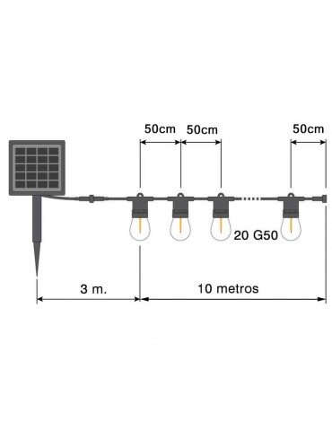 Guirnalda Solar Led 4 Modos 10m 20 Led G50 Transparente Dimensiones