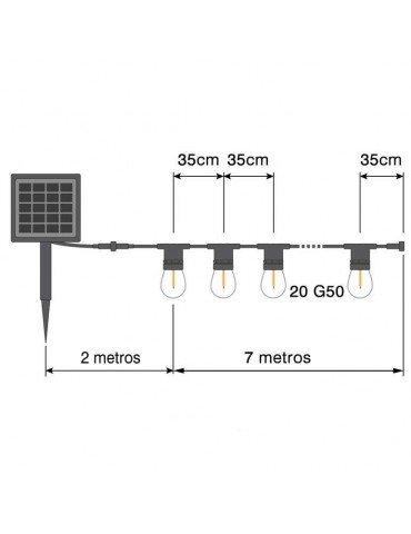 Guirnalda Led Placa Solar 8 Modos 7m 20 Led G50 Milky Dimensiones