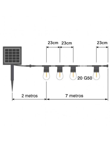 Guirnalda Led Placa Solar 8 Modos 7m 20 Led G50 Transparente Dimensiones