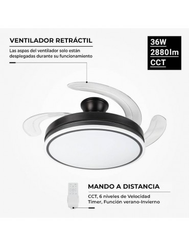 Ventilador RETRACTIL OPTO 36W CCT Blanco Negro RC - 1