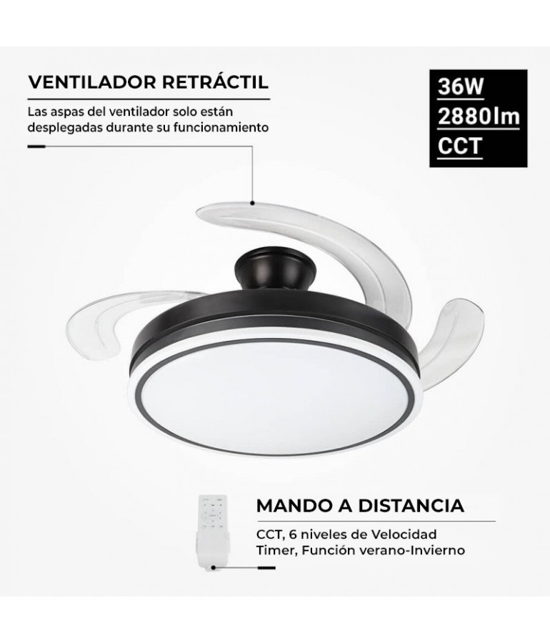 Ventilador RETRACTIL OPTO 36W CCT Blanco Negro RC - 1