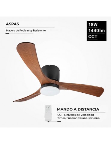 Ventilador Techo LED Negro y Madera Roble 18W CCT Mando - 9