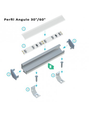 Montaje perfil ángulo 30-60 "H" aluminio tira led