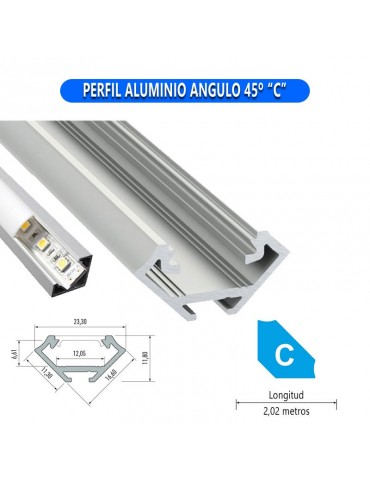 PERFIL ALUMINIO ANGULO 45° "C" TIRA DE LED