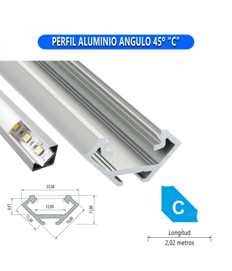 PERFIL ALUMINIO ANGULO 45° "C" TIRA DE LED