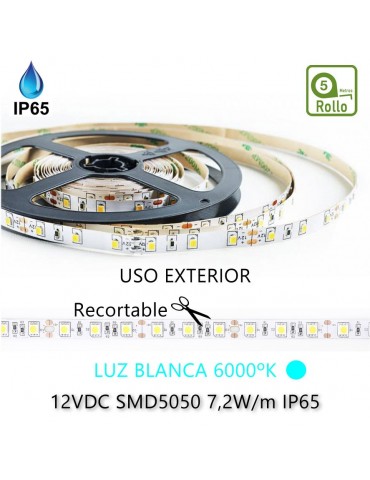 TIRA DE LED DC12V 7,2W IP65 160°BLANCA FRÍA 30LEDS SMD5050 Adhesivas