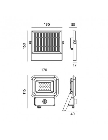 Foco Solar LED 10W Sensor de movimiento con Placa Solar dimensiones