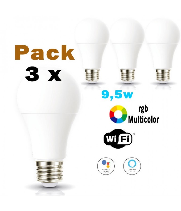 Pack 3 Bombillas LED SMART WiFi E27 9,5W RGB