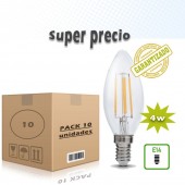 PACK 10 LED VELA VINTAGE filamento E14 4W C37 230V 360° CRISTAL