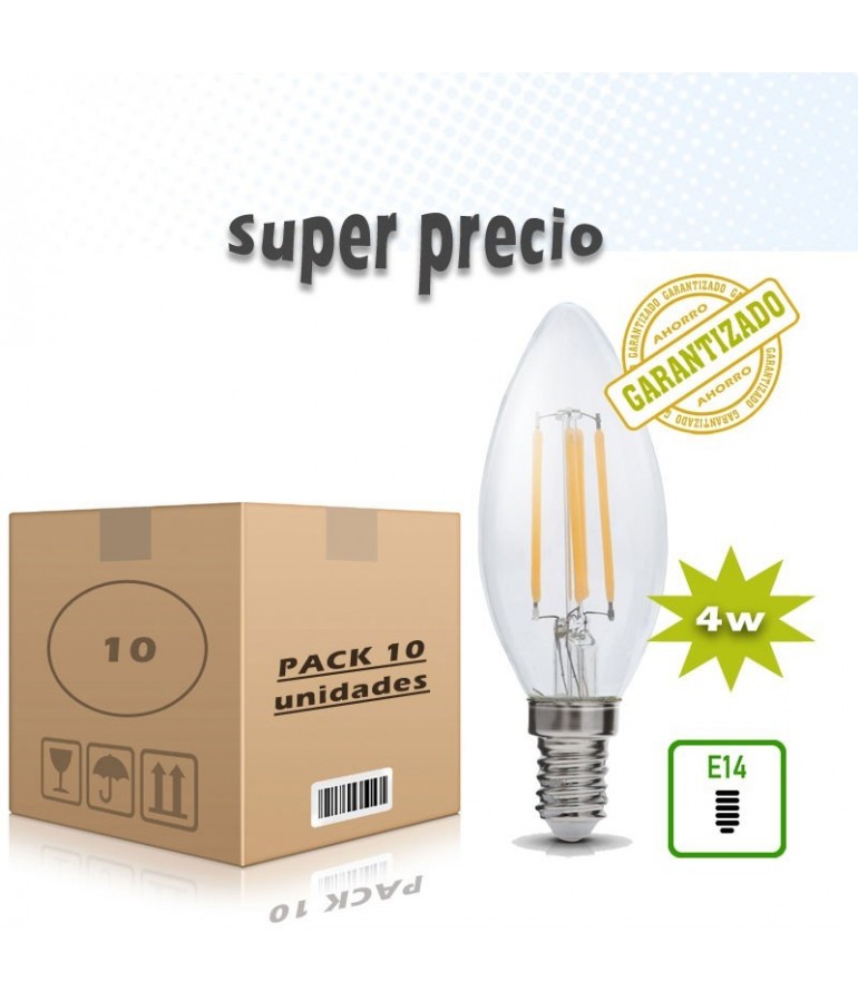 PACK 10 LED VELA VINTAGE filamento E14 4W C37 230V 360° CRISTAL