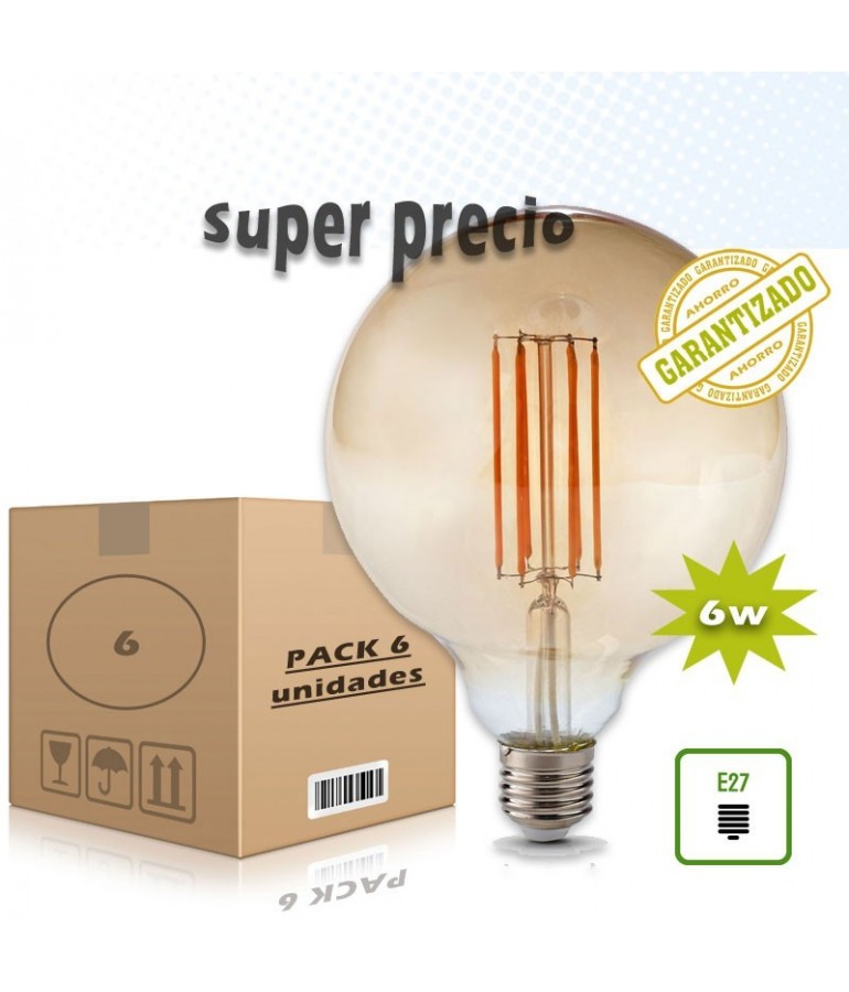 PACK 6 LED VINTAGE GLOBO G125 6W E27 230V CRISTAL AMBAR