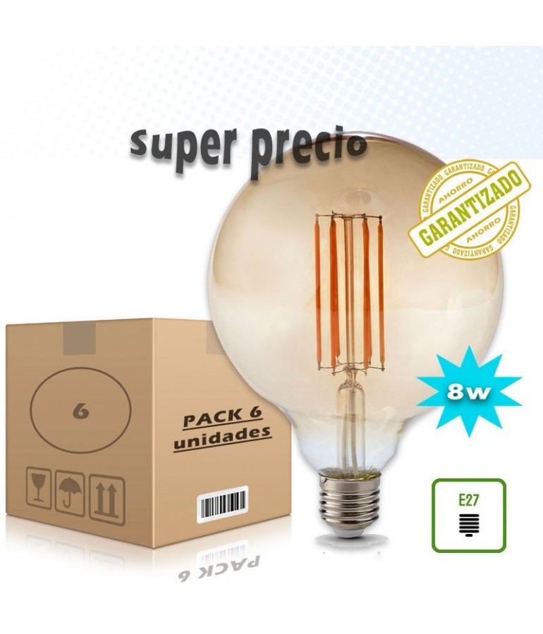 PACK 6 LED VINTAGE Filamento GLOBO G125 8W E27 230V CRISTAL  AMBAR