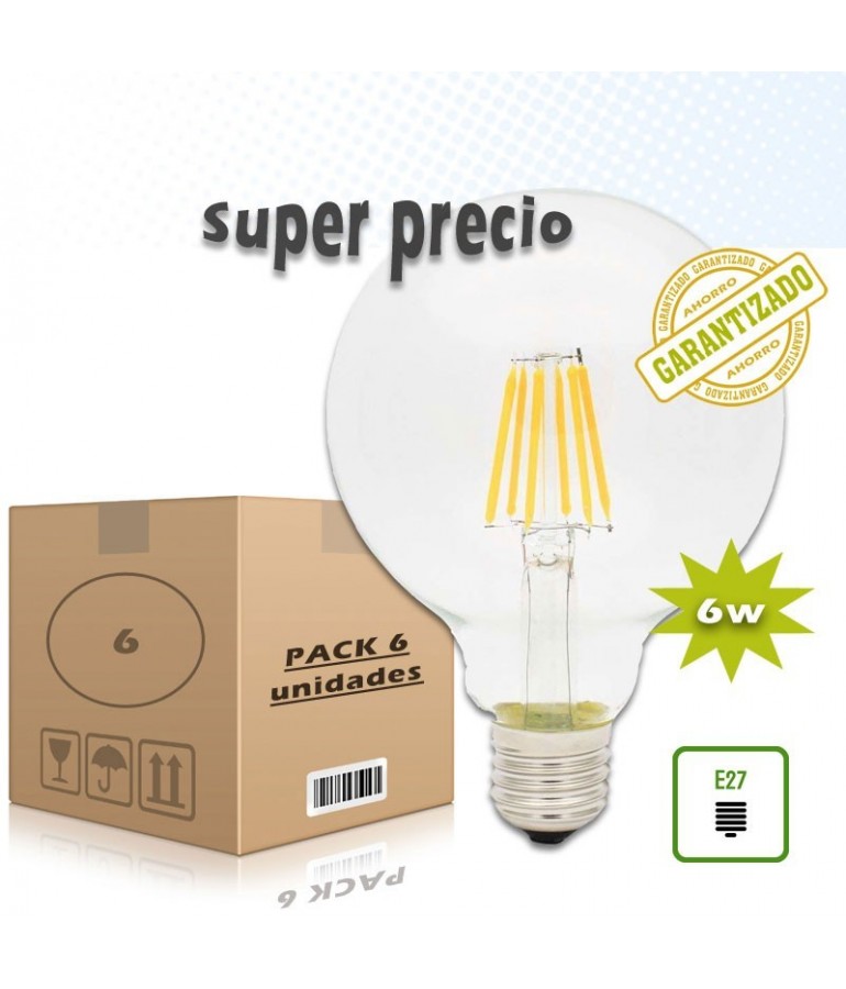 PACK 6 LED VINTAGE GLOBO G125 6W E27 230V CRISTAL TRANSPARENTE