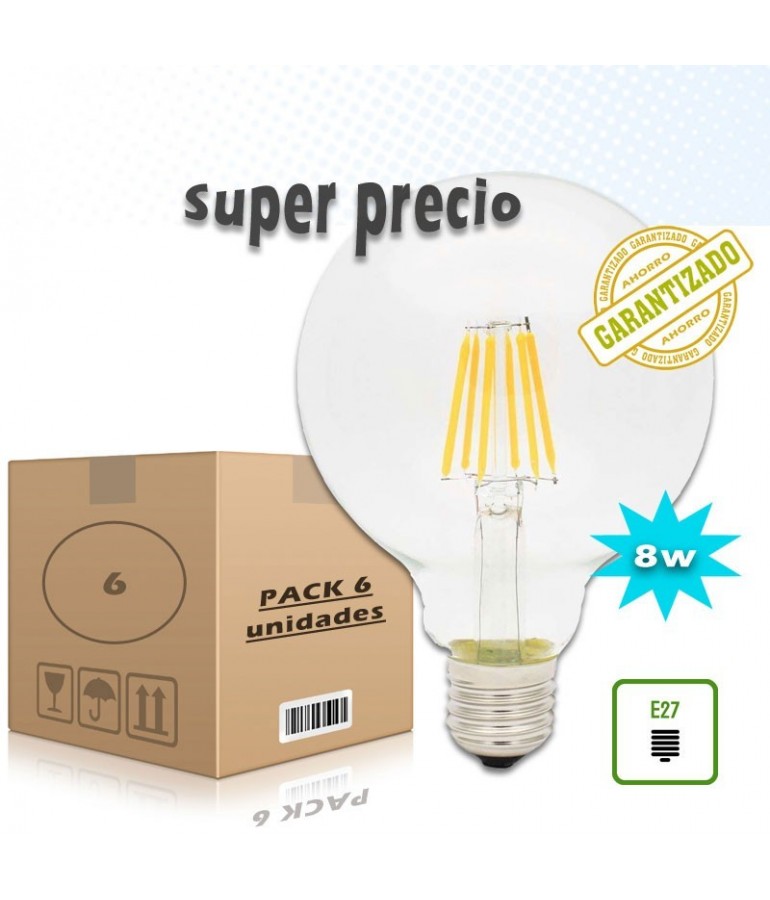 PACK 6 LED VINTAGE GLOBO G125 8W E27 230V CRISTAL TRANSPARENTE