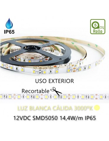 TIRA DE LED DC12V 14,4W IP65 160° CÁLIDA 60LEDS SMD5050flexibles adhesivas