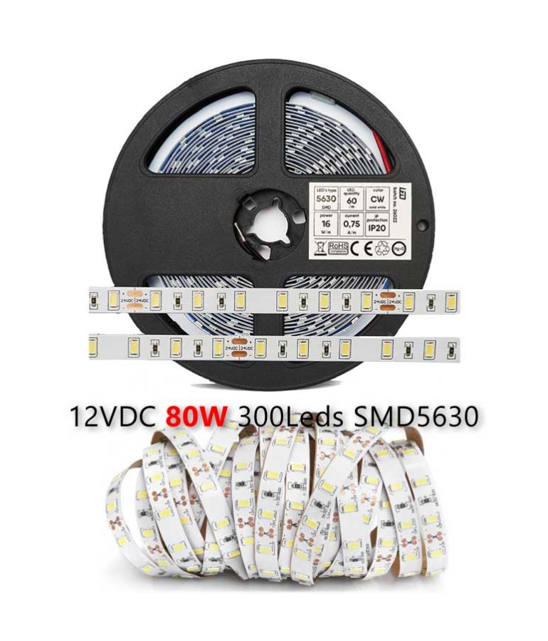Tira Led 12V 80W 300Led 16W/m 5M SMD5630 - 1