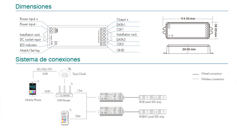 Controlador Smart SPI RGB/RGBW LED Dimensiones